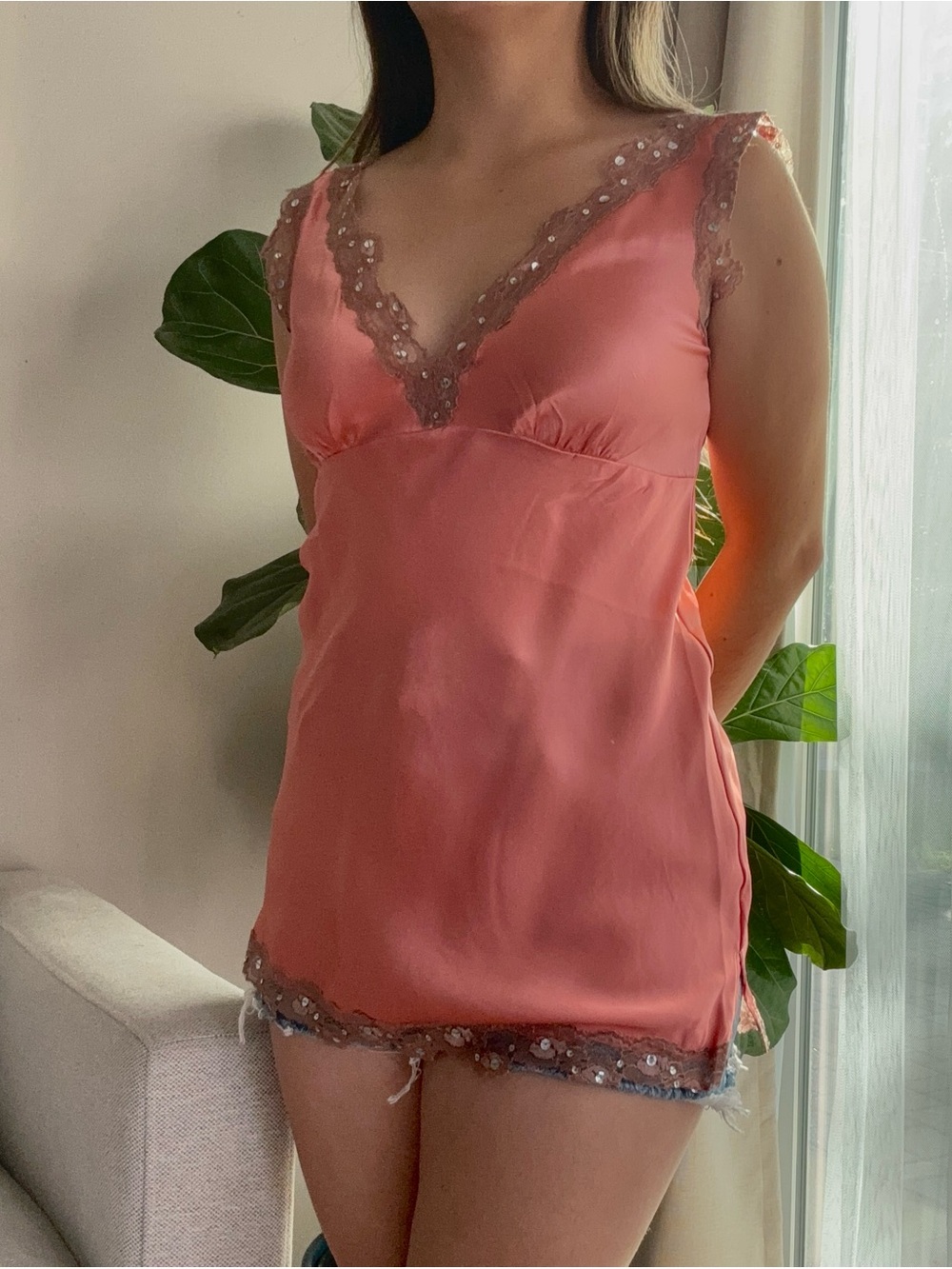 100% Silk Lace-Trim Camisole Tank in Coral Pink